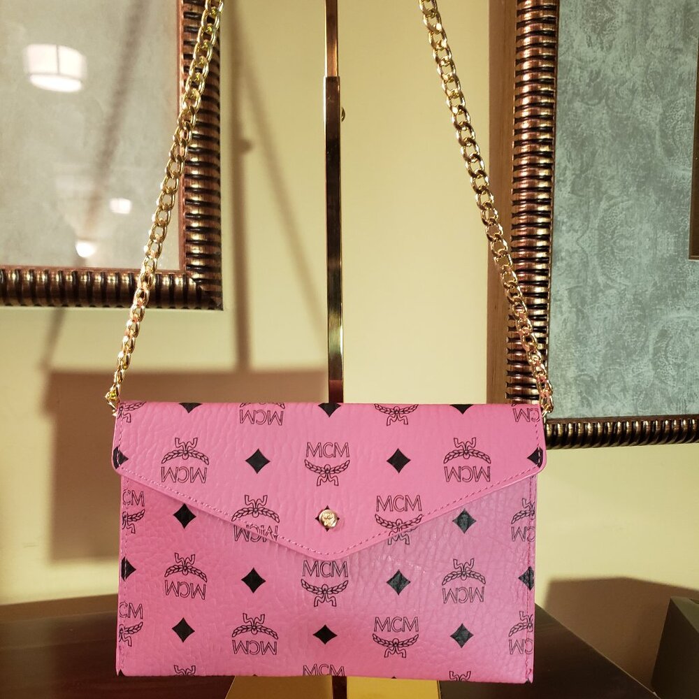 MCM Pink Visetos Envelope Clutch with Box and Chain